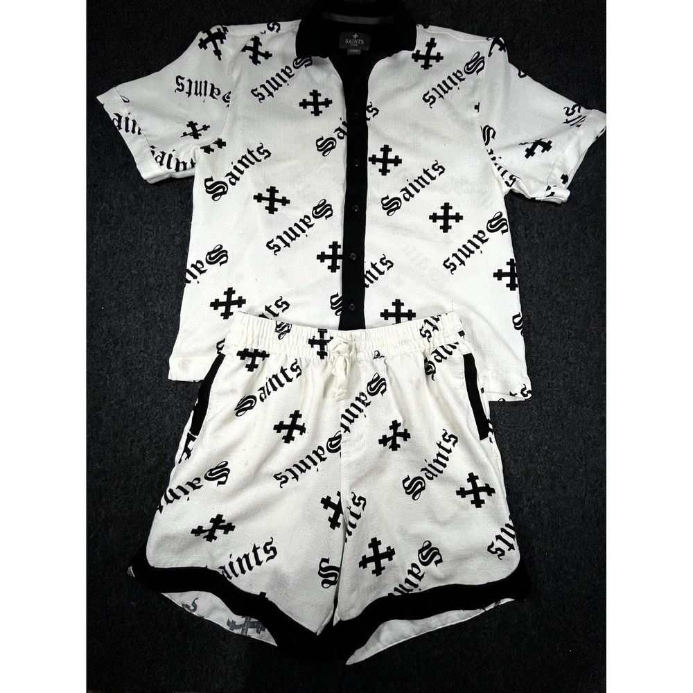 Saints Studio Shirt Shorts Set Men Large White Black All Over Print Button Front